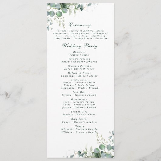 Programme Elégant Eucalyptus Sage Mariage botanique vert (Dos)