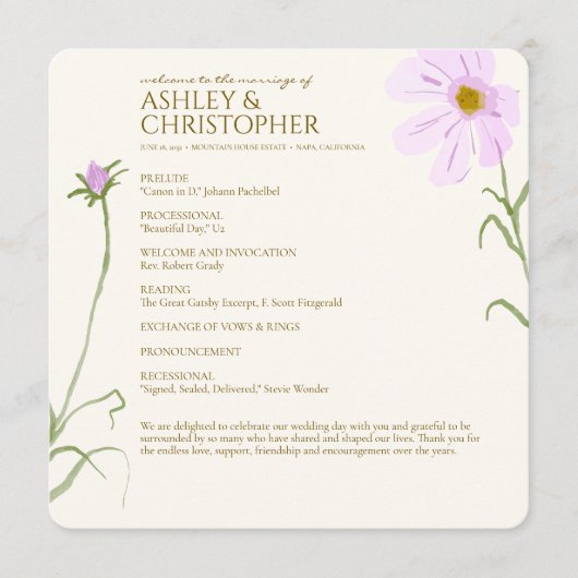 Programme Elégant Fleur sauvage d'aquarelle violet Mariage (Devant)