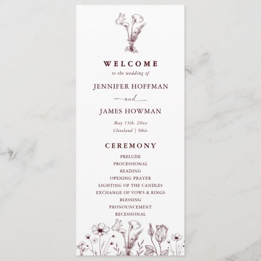 Programme Elegant Floral Burgundy Wedding  (Devant)