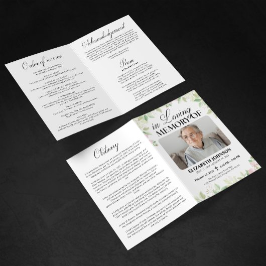 Programme Élégant Floral Funeral Memory Photo Folded Program