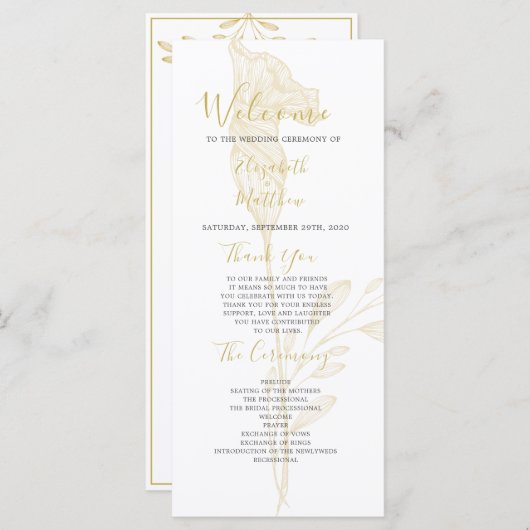 Programme Élégant Gold Floral Script Simple Wedding Programm (Devant / Derrière)