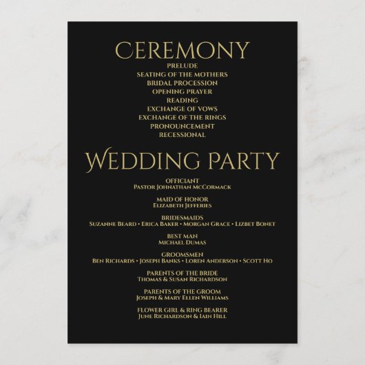 Programme Elégant Gold Stars sur Black Festive Mariage (Dos)