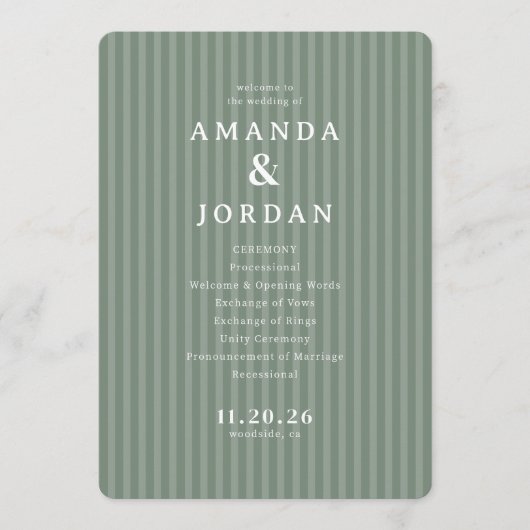 Programme Elegant Green Striped Wedding Ceremony (Devant)