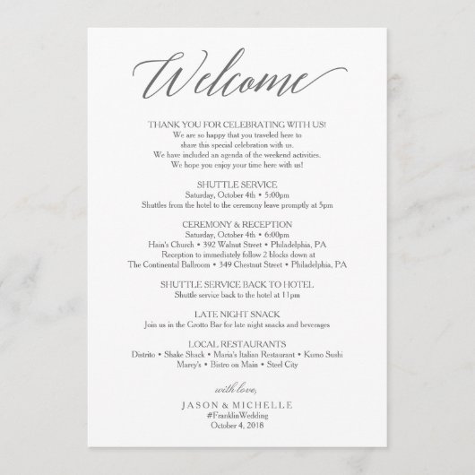 Programme Élégant itinéraire de mariage écriture - Bienvenue (Devant)
