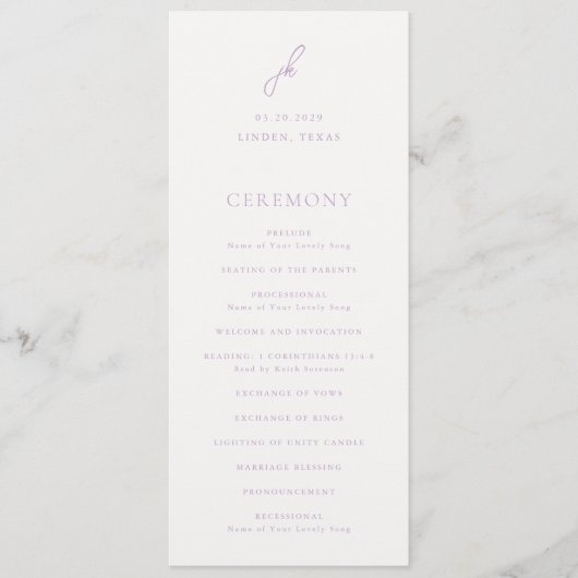 Programme Élégant Lilac Script Monogram Mariage (Devant)