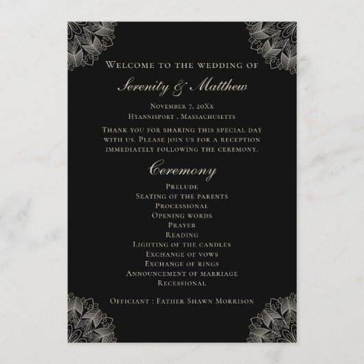 Programme Elegant Mandala Indian Black Boho Wedding Program (Devant)