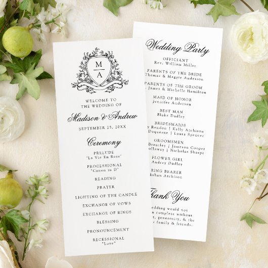 Programme Élégant Mariage à Blason Floral Monogramme Noir