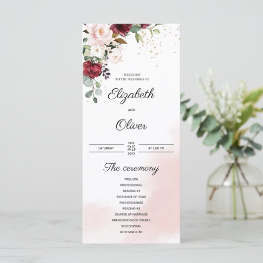 Programme Elégant mariage à la mode bordeaux foncé or rose (Debout devant)