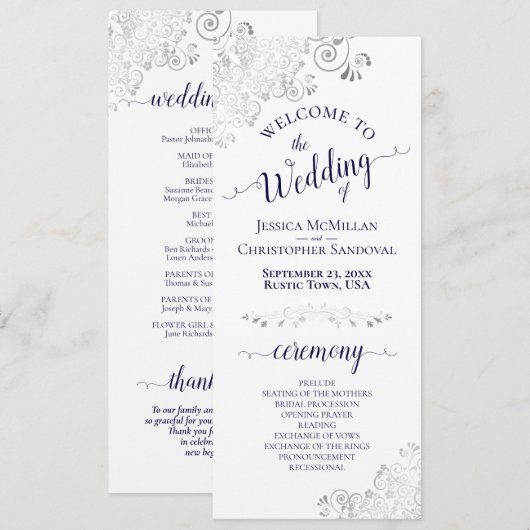 Programme Élégant Mariage Argent Boucles Bleu Marine sur Fon (Devant / Derrière)