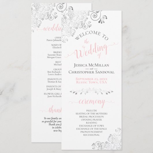 Programme Élégant Mariage Argent Boucles Rose & Gris sur Fon (Devant / Derrière)