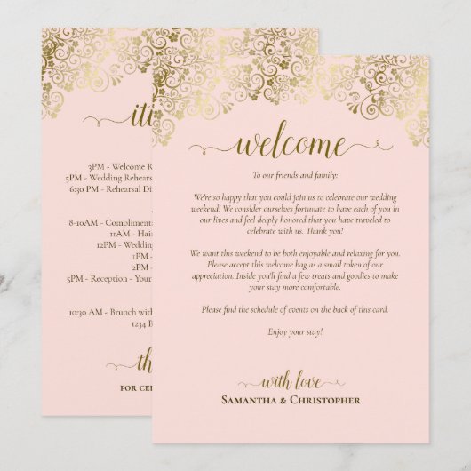 Programme Élégant Mariage Bienvenue & Itinéraire Rose & Or (Devant / Derrière)