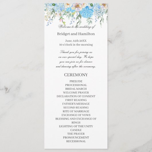 Programme Élégant Mariage Blue Hydrangea (Devant)