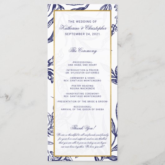 Programme Élégant Mariage botanique en or bleu marine romant (Devant)