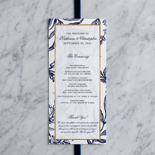 Programme Élégant Mariage botanique en or bleu marine romant