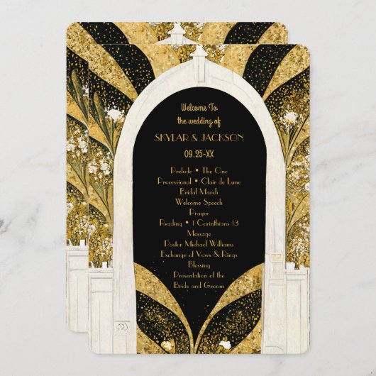 Programme Elégant Mariage d'arcade Art déco noir et or (Devant / Derrière)