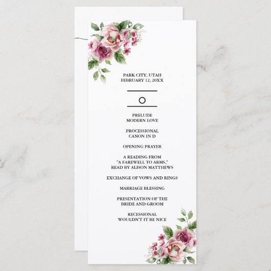 Programme Elégant Mariage de bouquet rose aquarelle (Devant / Derrière)