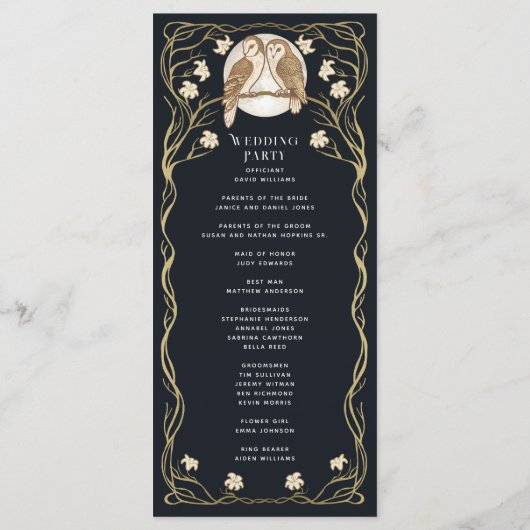Programme Élégant Mariage de Chouettes Art Nouveau (Dos)