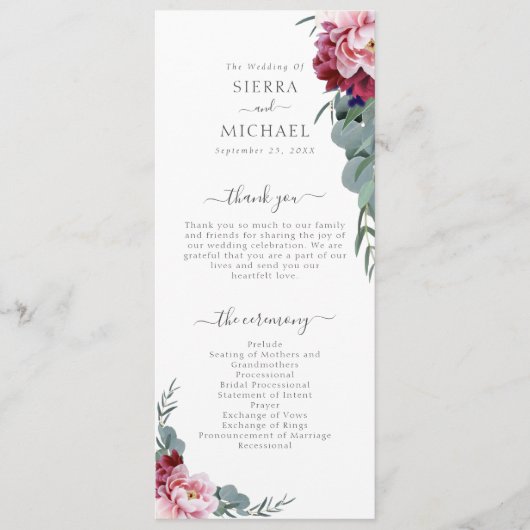 Programme Élégant Mariage de feuillage floral rose-bordeaux (Devant)