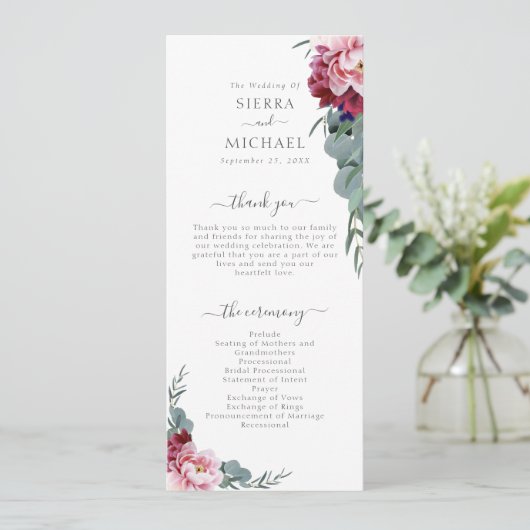 Programme Élégant Mariage de feuillage floral rose-bordeaux (Debout devant)