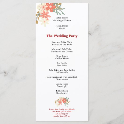 Programme Élégant Mariage de fleurs de corail d'Ambrose (Dos)