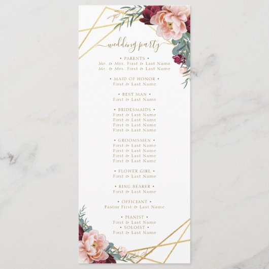 Programme Élégant Mariage d'or floral bordeaux (Dos)