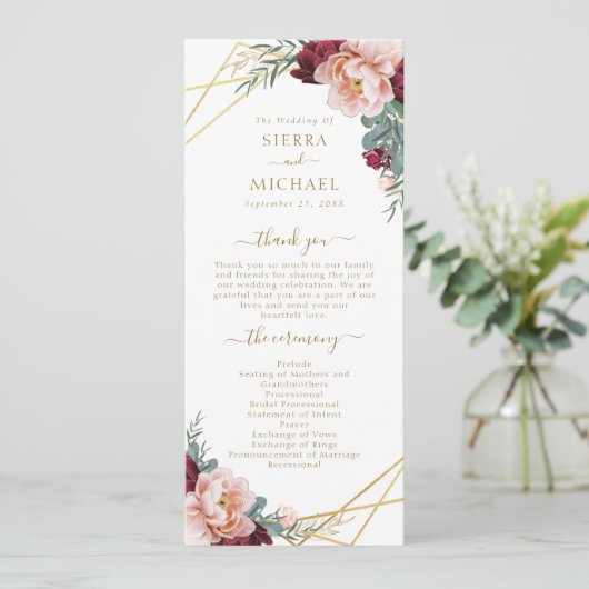 Programme Élégant Mariage d'or floral bordeaux (Debout devant)