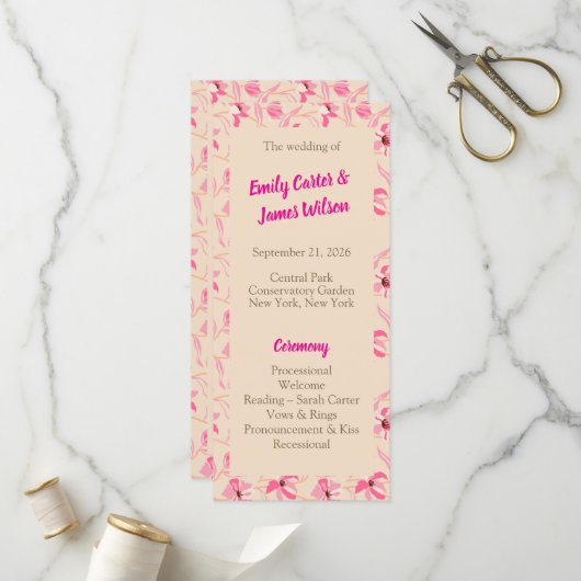 Programme Élégant mariage floral beige et rose blush (Devant/Arrière en situation)