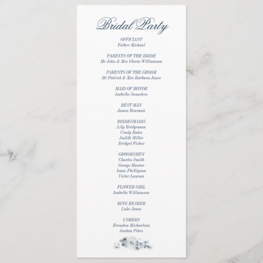 Programme Élégant Mariage Floral Bleu (Dos)
