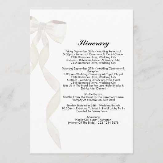 Programme Élégant Mariage Itinéraire Formal White Bow Ribbon (Dos)