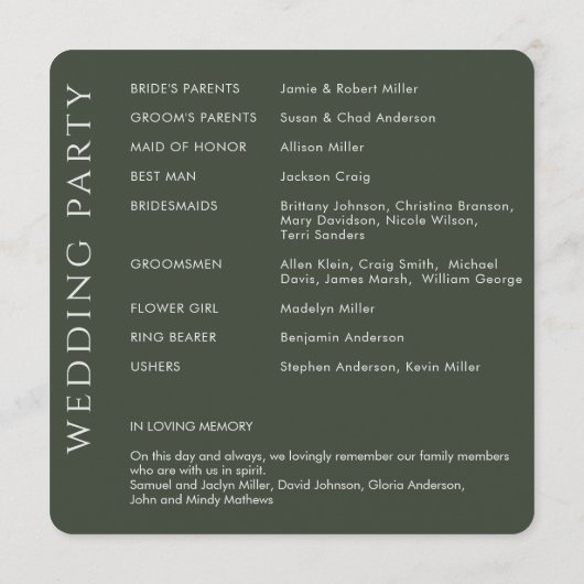 Programme Élégant Mariage moderne de mousse verte (Dos)