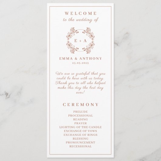 Programme Élégant Mariage Monogram Terracota (Devant)