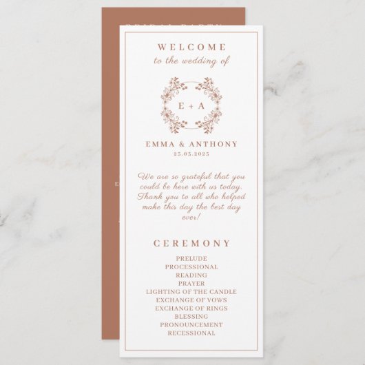 Programme Élégant Mariage Monogram Terracota (Devant / Derrière)
