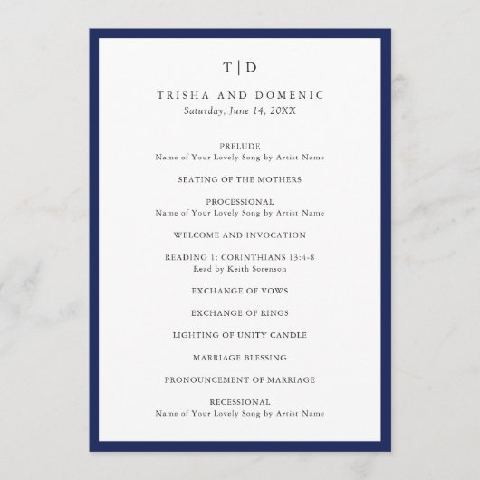 Programme Élégant Marine bleu Monogramme Mariage moderne (Devant)