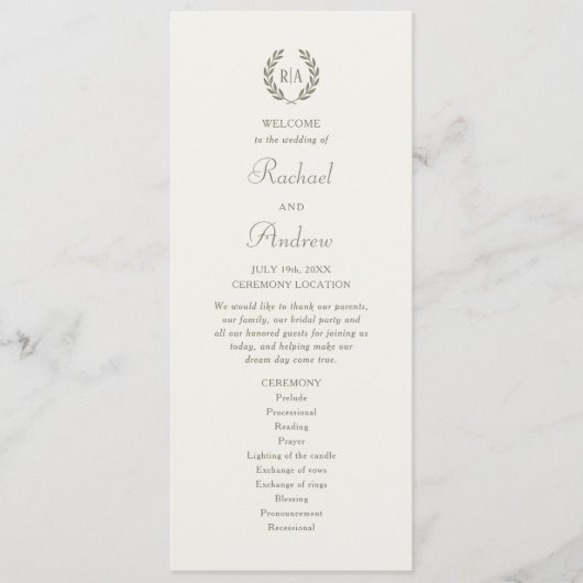 Programme Élégant Monogram Green Cream Mariage Timeline Plat (Devant)