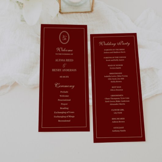 Programme Elegant Monogram Script Wine Red Wedding Ceremony