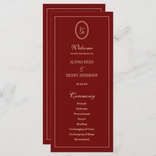 Programme Elegant Monogram Script Wine Red Wedding Ceremony (Devant / Derrière)