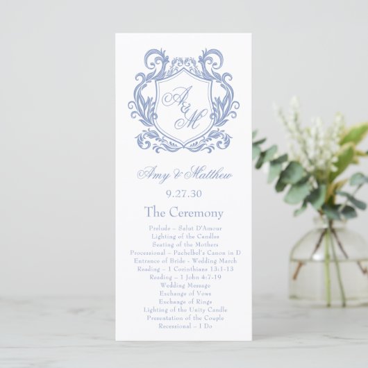 Programme Élégant Monogramme Dusty Blue Crest Mariage (Debout devant)