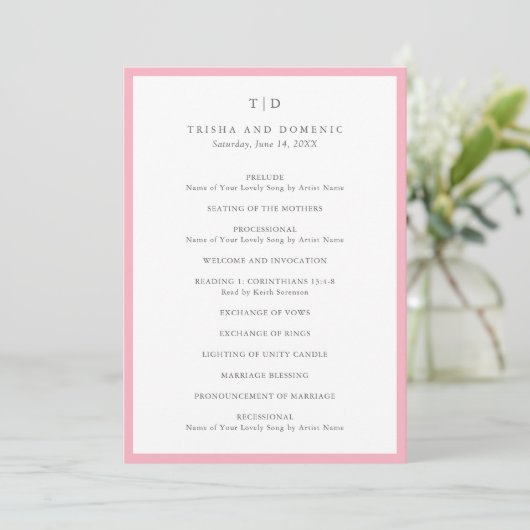 Programme Élégant Monogramme Rose Mariage Moderne (Debout devant)