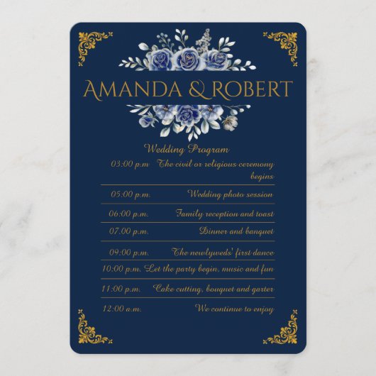 Programme Elegant Navy and Gold Floral Wedding Program Card (Devant)