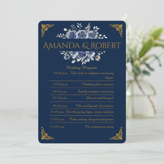 Programme Elegant Navy and Gold Floral Wedding Program Card (Debout devant)