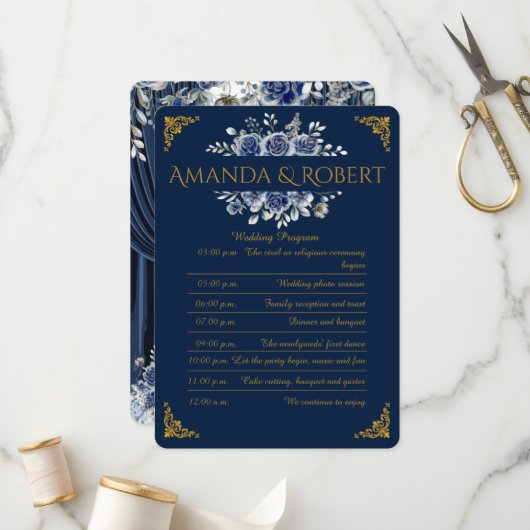 Programme Elegant Navy and Gold Floral Wedding Program Card (Devant/Arrière en situation)