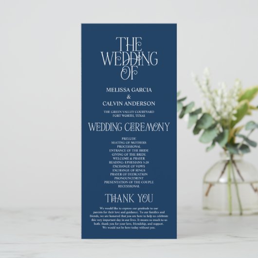 Programme Elegant Navy Blue Typography Wedding Program (Debout devant)