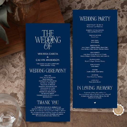 Programme Elegant Navy Blue Typography Wedding Program