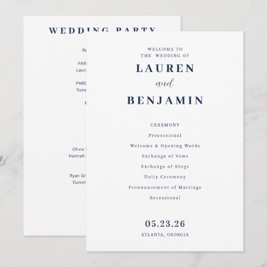 Programme Elegant Navy Minimalist Wedding Ceremony (Devant / Derrière)