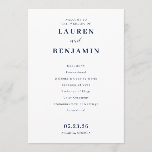 Programme Elegant Navy Minimalist Wedding Ceremony (Devant)