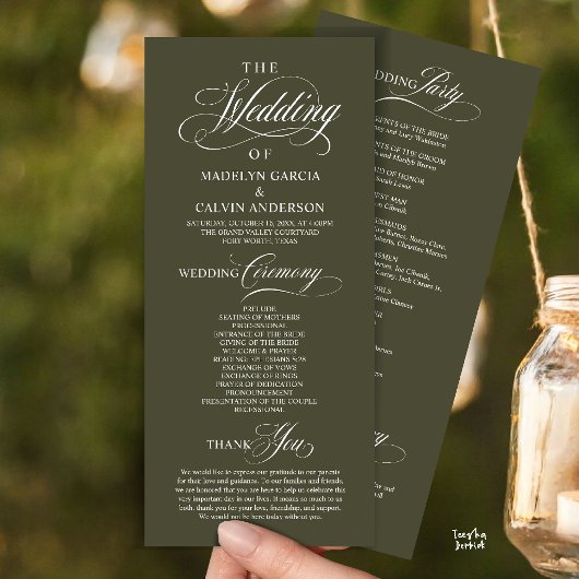 Programme Élégant Ordre de Cérémonie de Mariage Vert Olive d