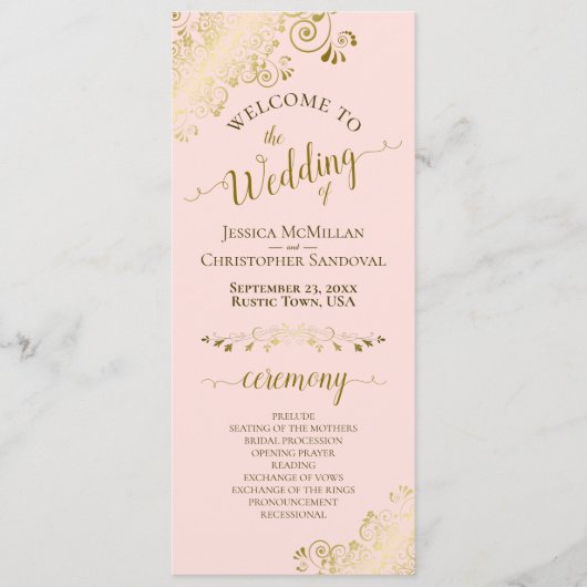 Programme Elegant Ornate Gold Lace on Blush Pink Wedding (Devant)
