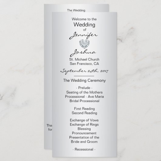 Programme Élégant Personnalisé Silver Black Wedding Programm (Devant / Derrière)