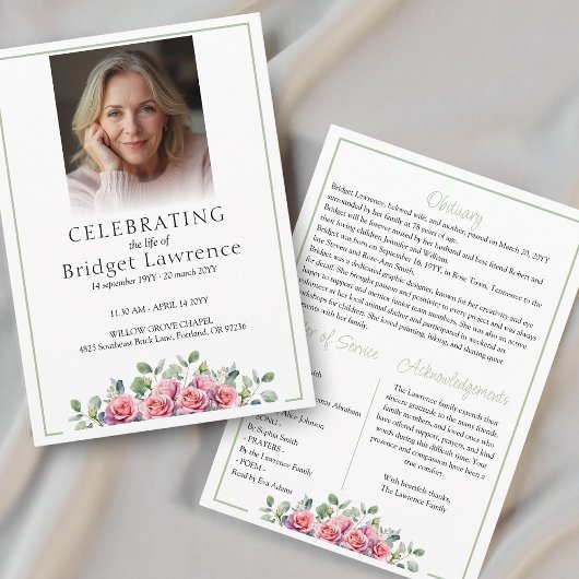 Programme Elegant Pink Roses Celebrating Life Of - Funeral