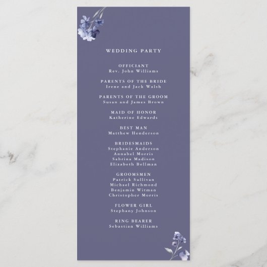 Programme Élégant Plum violet & Indigo Mariage Floral bleu (Dos)